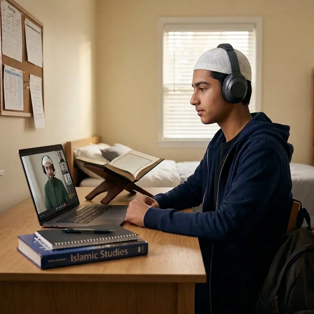 Teenager studying Quran on laptop